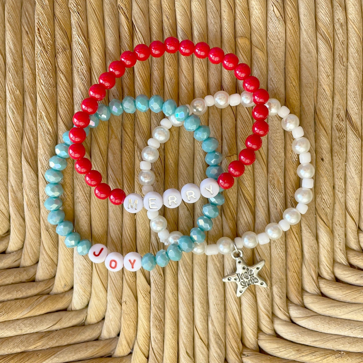 Merry & Joy Coastal Christmas Starfish Charm Beaded Bracelet Set